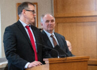 Former Dane County Judge Jim Troupis, right, makes an initial appearance Thursday, December 12, 2024 in Dane County Court in Madison, Wisconsin. He is facing on felony forgery charges stemming from the alleged scheme to forward fake electors in an effort t