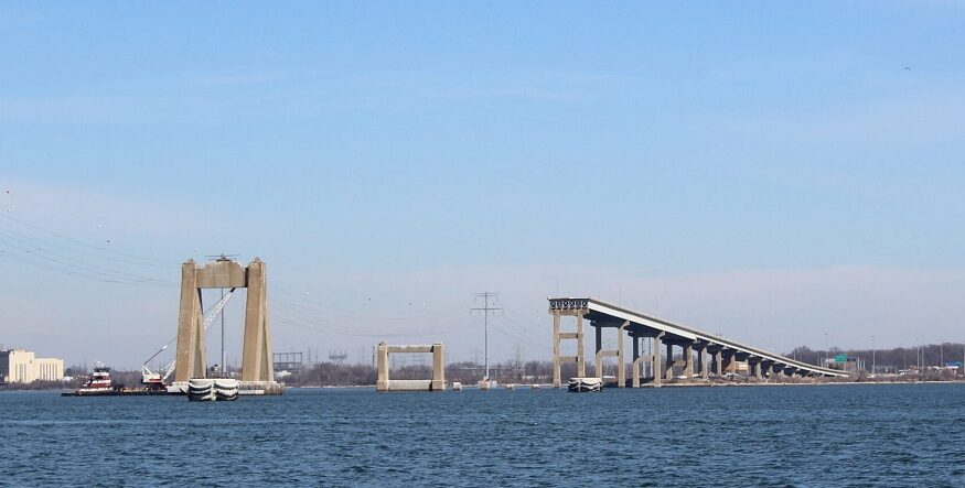 The remnants of the Francis Scott Key Bridge over the Patapsco River after a container ship collided with the span on March 26, 2024. (Mira Beinart/Capital News Service)