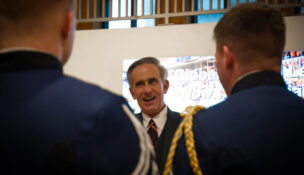 John G. Rocovich Jr. talks with cadets during the Distinguished Alumni of the Corps award ceremony in 2025. Photo courtesy Virginia Tech